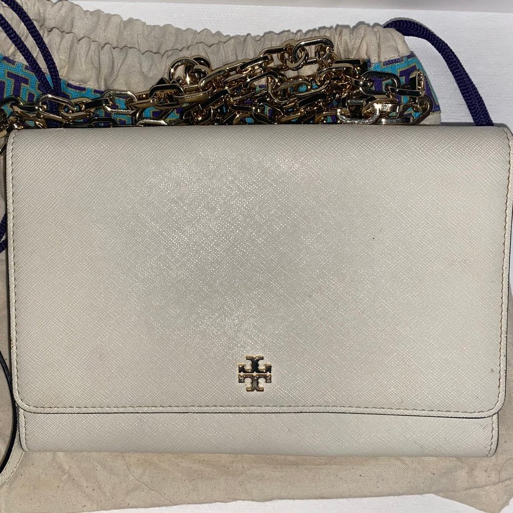Tory Burch White Leather Crossbody Clutch - Detachable Gold Chain Strap